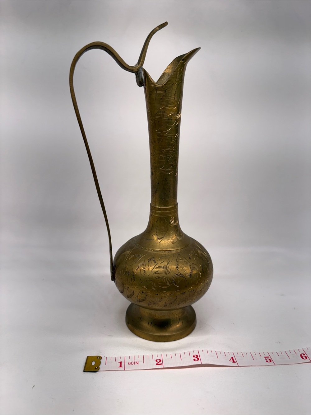 Vintage Etched Brass Skinny Pitcher Vase Ewer Made in India Boho
